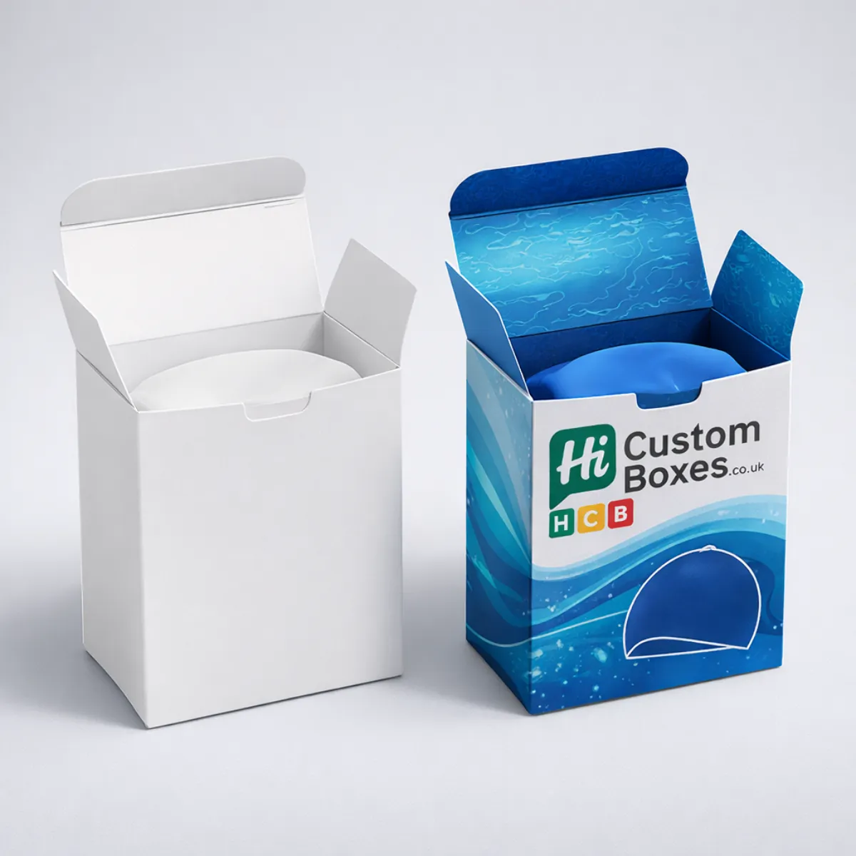 Durable retail packaging boxes for swimming caps designed specifically for the UK sports and leisure market-